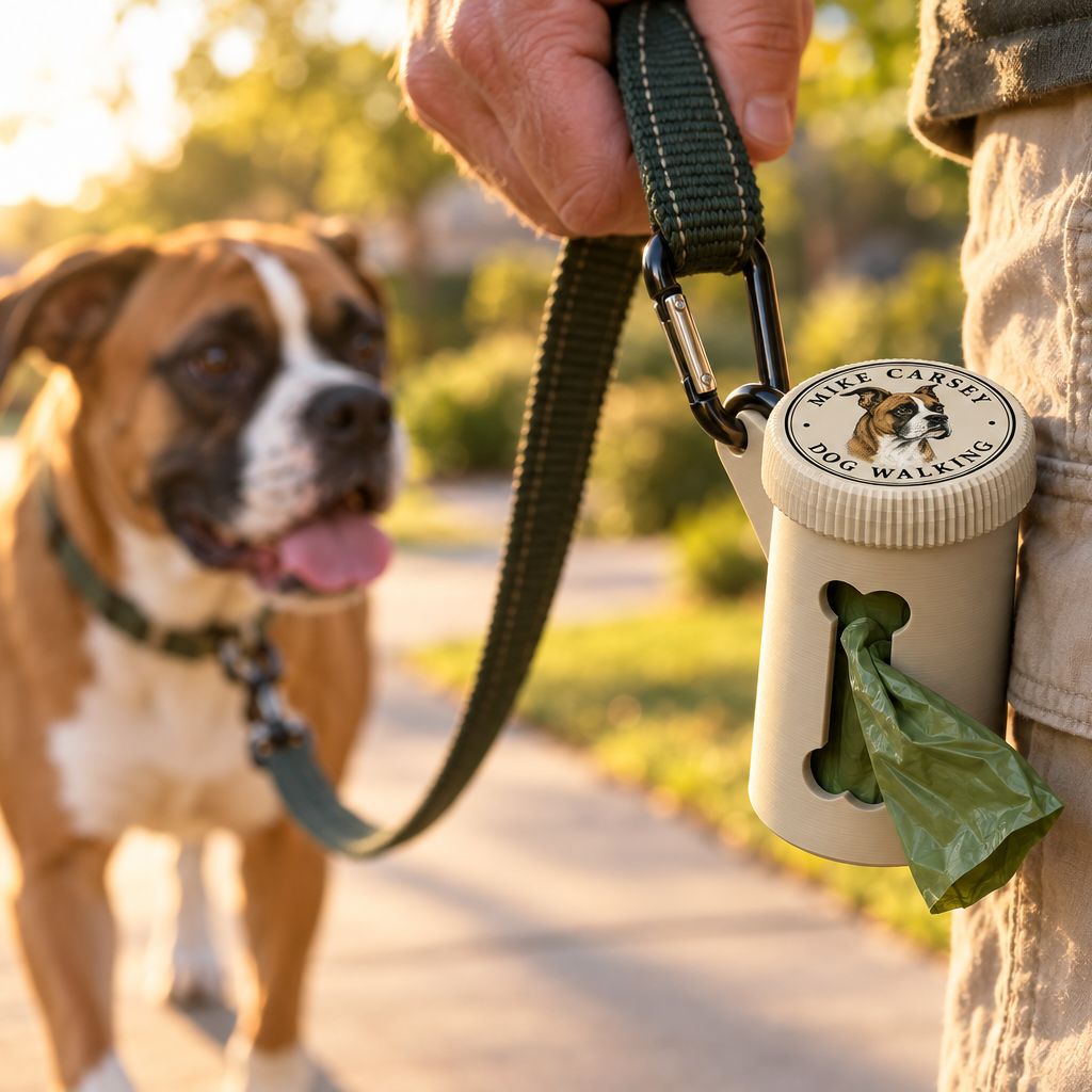 A boxer looks up at a walker's hand holding the leash; a poop-bag holder printed with the Mike Carsey Dog Walking seal hangs from the clip.