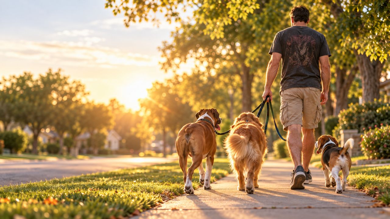 A dog walker, seen from behind, heads down a tree-lined sidewalk at sunset with a boxer, a golden retriever and a beagle.