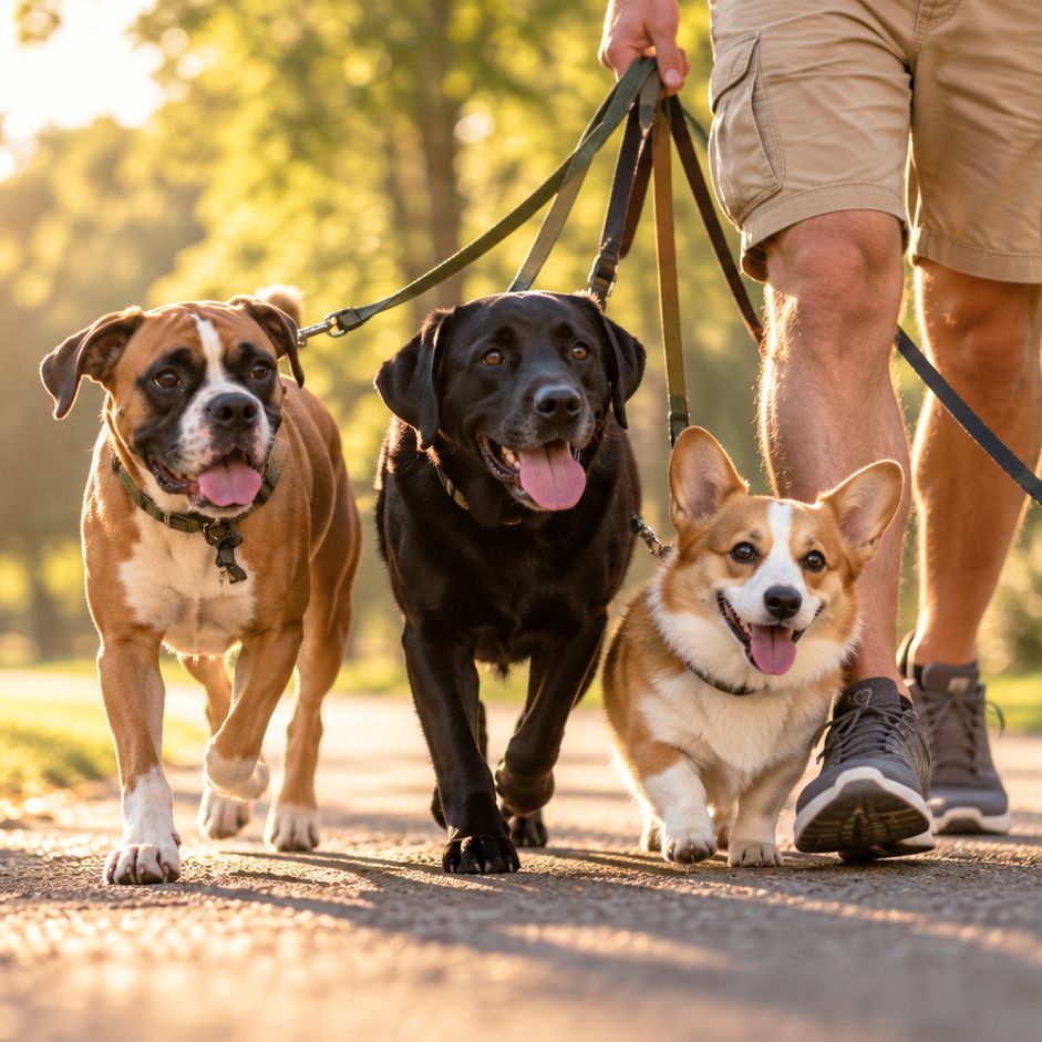 Four happy dogs, a boxer, a black lab, a corgi and a terrier, trot toward the camera on leashes beside a walker in cargo shorts.