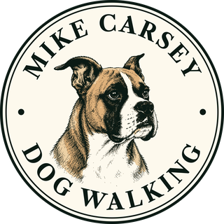 Mike Carsey Dog Walking seal: an engraved boxer in a round badge